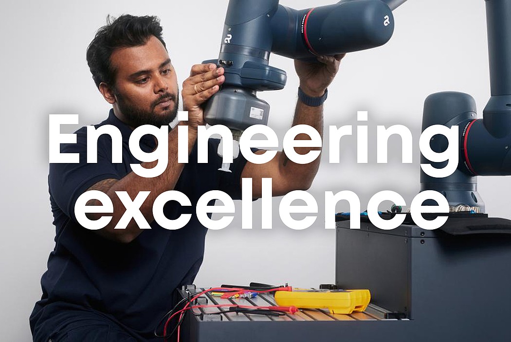 Engineer working with robotic arm in automation line, text “Engineering Excellence